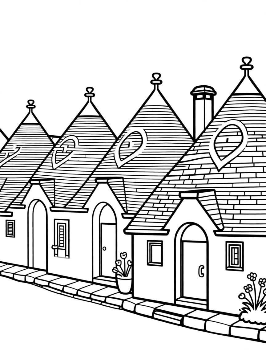 (Italy) A cluster of trulli houses in Alberobello with round white walls and cone-shaped gray roofs.