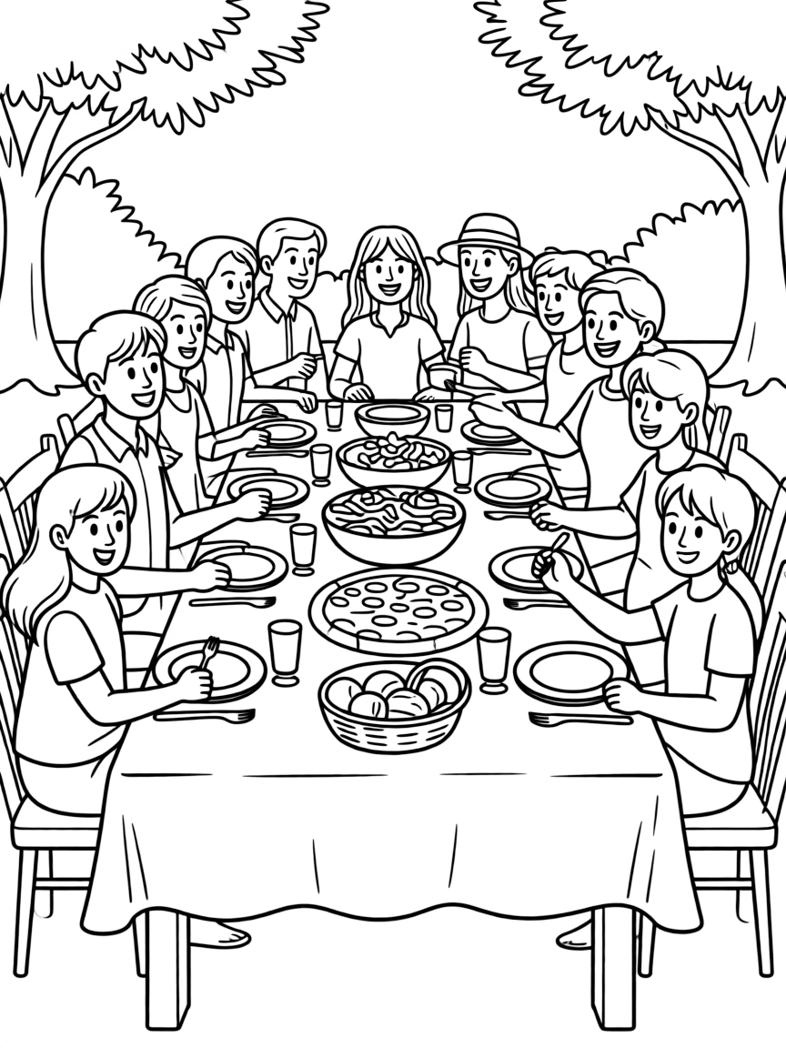 (Italy) A big Italian family gathered around a table outdoors, enjoying a delicious meal together.