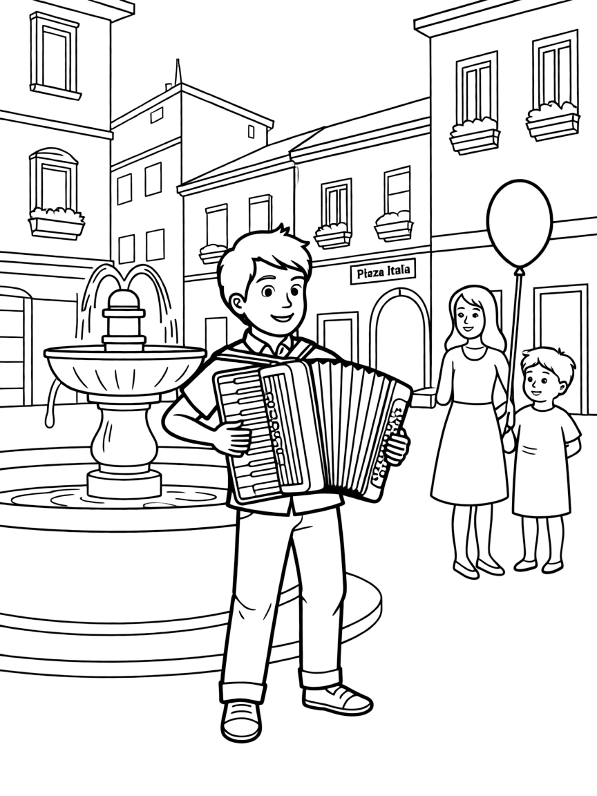 (Italy) A street musician playing an accordion in an Italian piazza for people passing by.