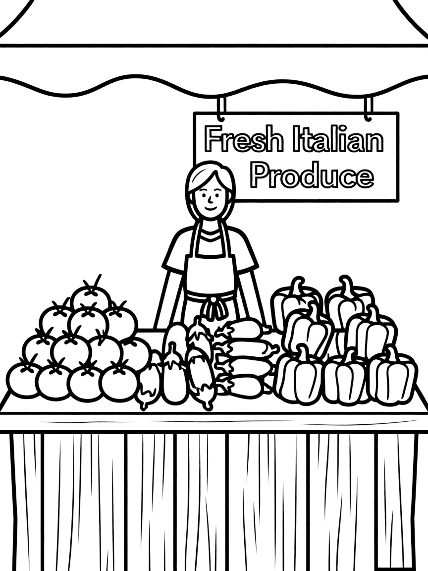 (Italy) A market stall with piles of ripe tomatoes, eggplants, and peppers at an Italian farmers’ market.
