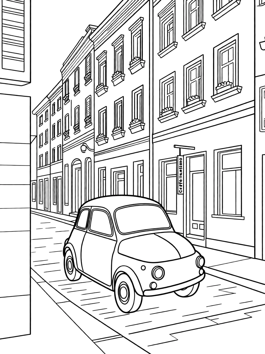 (Italy) A tiny vintage Fiat 500 car driving down a narrow street lined with buildings.