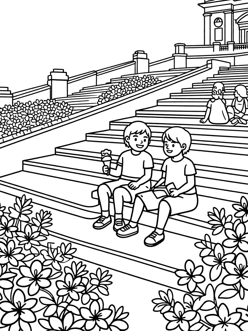 (Italy) People relaxing on the Spanish Steps in Rome with pink flowers blooming around.
