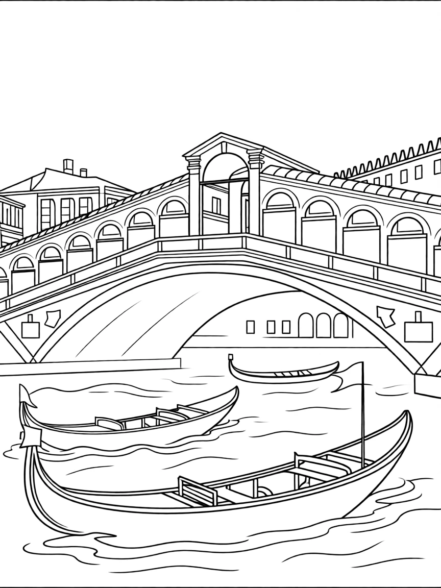 (Italy) The Rialto Bridge in Venice arching over the Grand Canal with boats passing underneath.