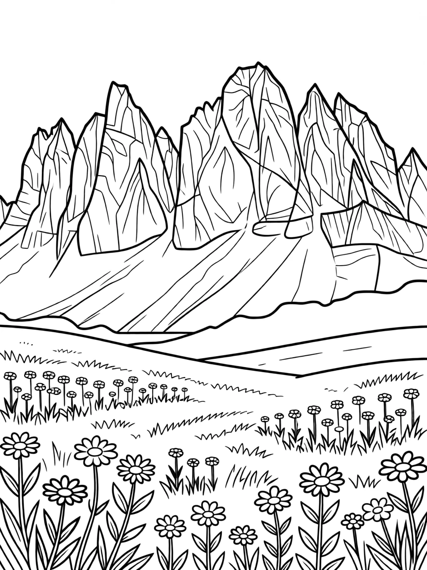 (Italy) The jagged peaks of the Dolomite mountains with wildflowers blooming in the meadow below.