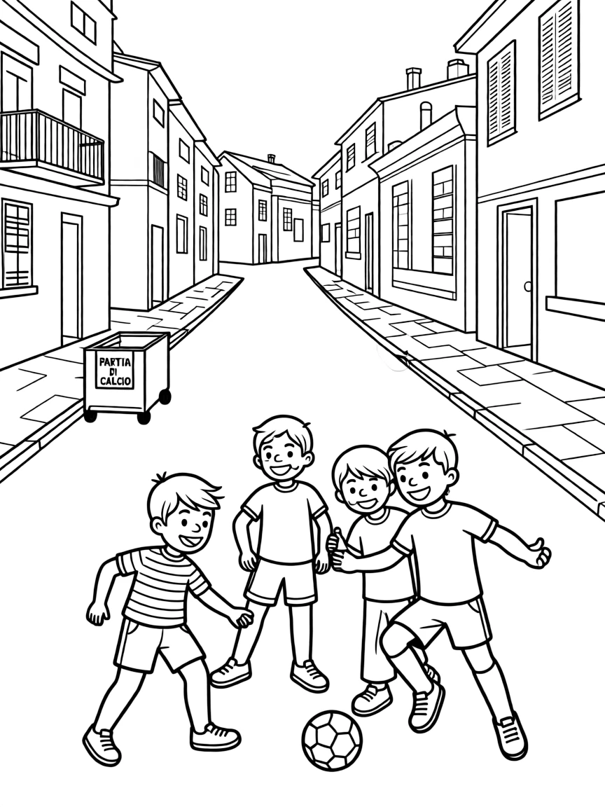 (Italy) A group of children playing soccer (calcio) in a street, pretending to be famous players.