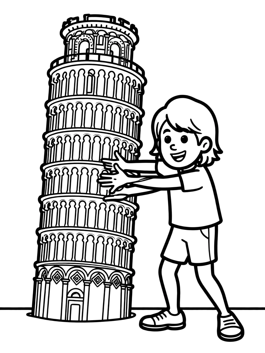 (Italy) A tourist pretending to hold up the Leaning Tower of Pisa in a funny photo pose.