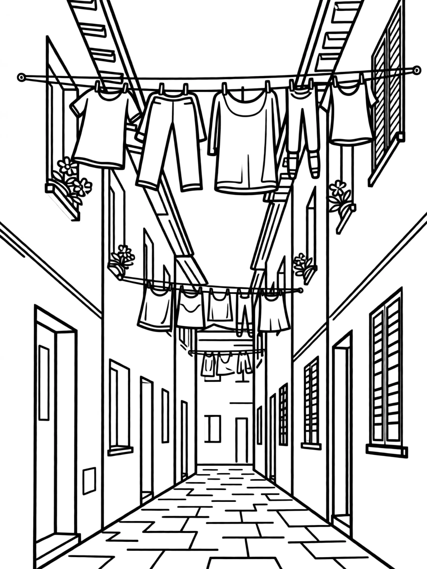 (Italy) A narrow alley in an Italian town with laundry hanging on lines between the buildings.