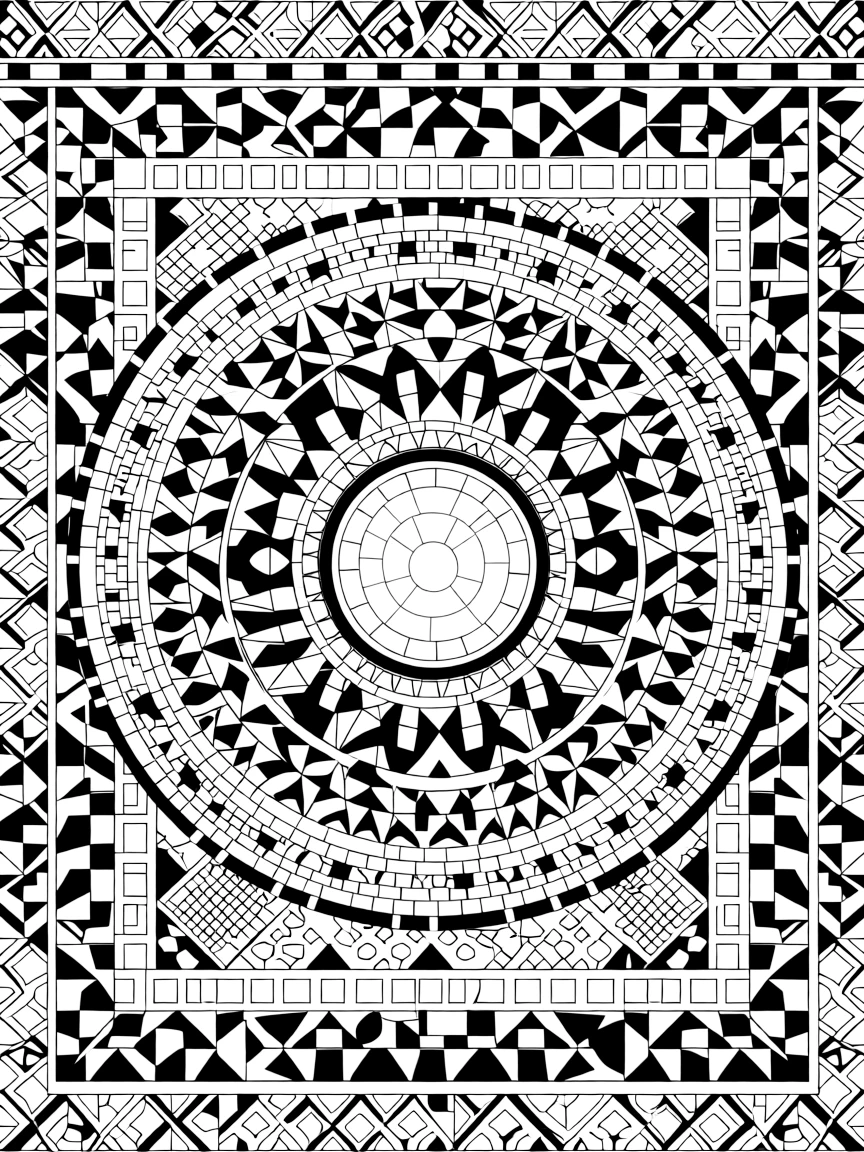 (Italy) A beautiful Roman mosaic floor made of tiny colored tiles forming a pattern.