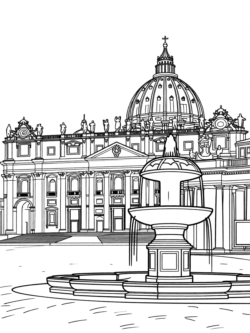 (Italy) St. Peter’s Basilica in Vatican City with its big dome and fountain in the front.