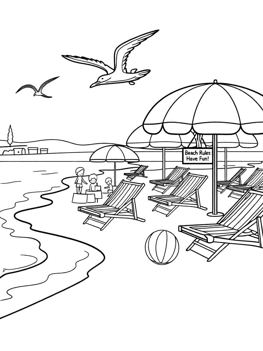 (Italy) A sunny Mediterranean beach with colorful umbrellas and beach chairs on the sand.