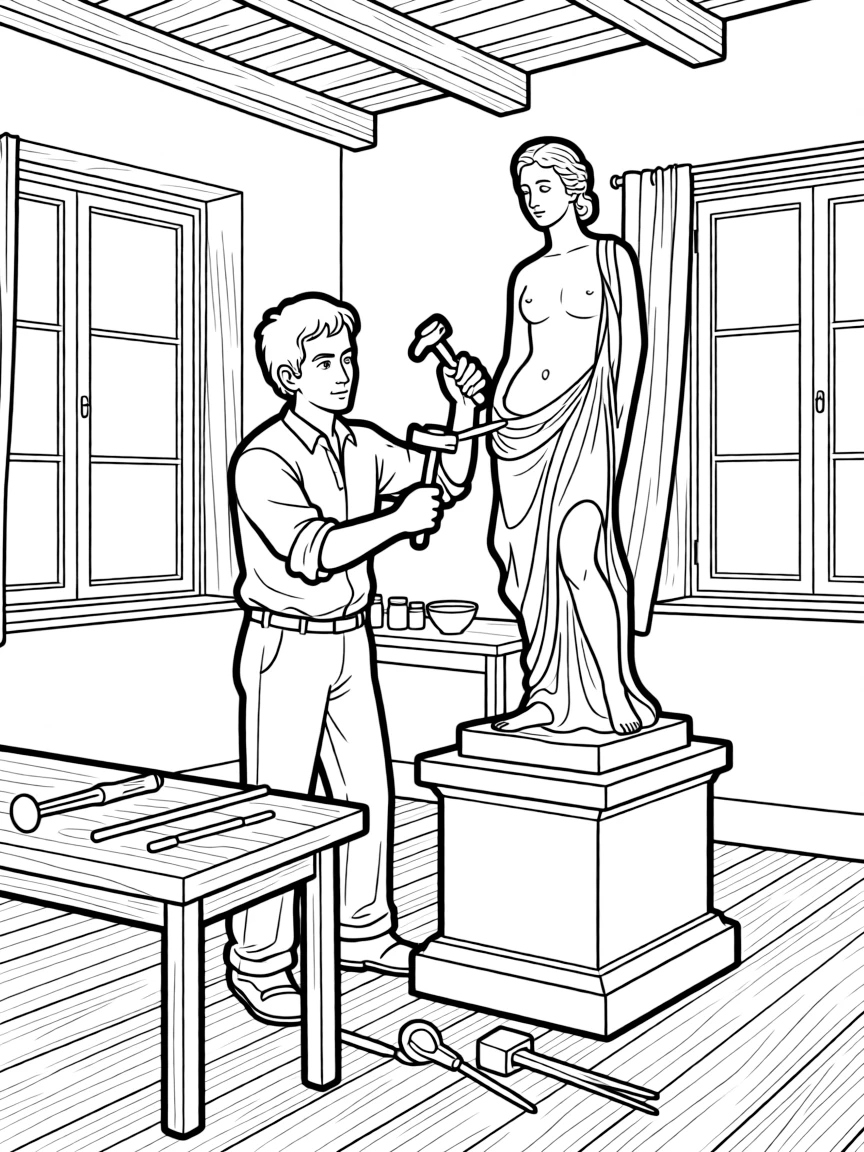 (Italy) A sculptor carving a marble statue in his art studio, like artists did in the Renaissance.