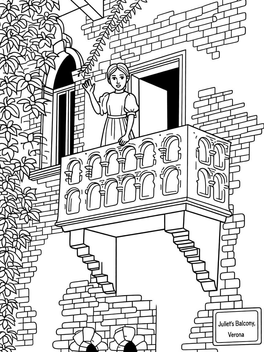 (Italy) Juliet’s balcony in Verona with ivy climbing the old stone walls.