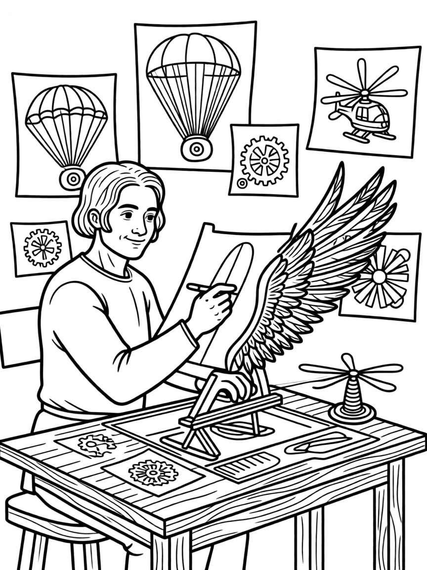 (Italy) Leonardo da Vinci sketching a flying machine with wings, surrounded by his other inventive drawings.