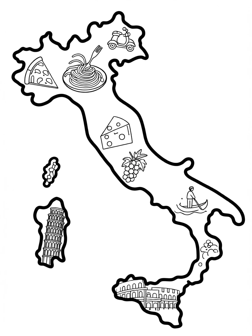 (Italy) An outline map of Italy shaped like a boot, filled with tiny drawings of its famous foods and landmarks.