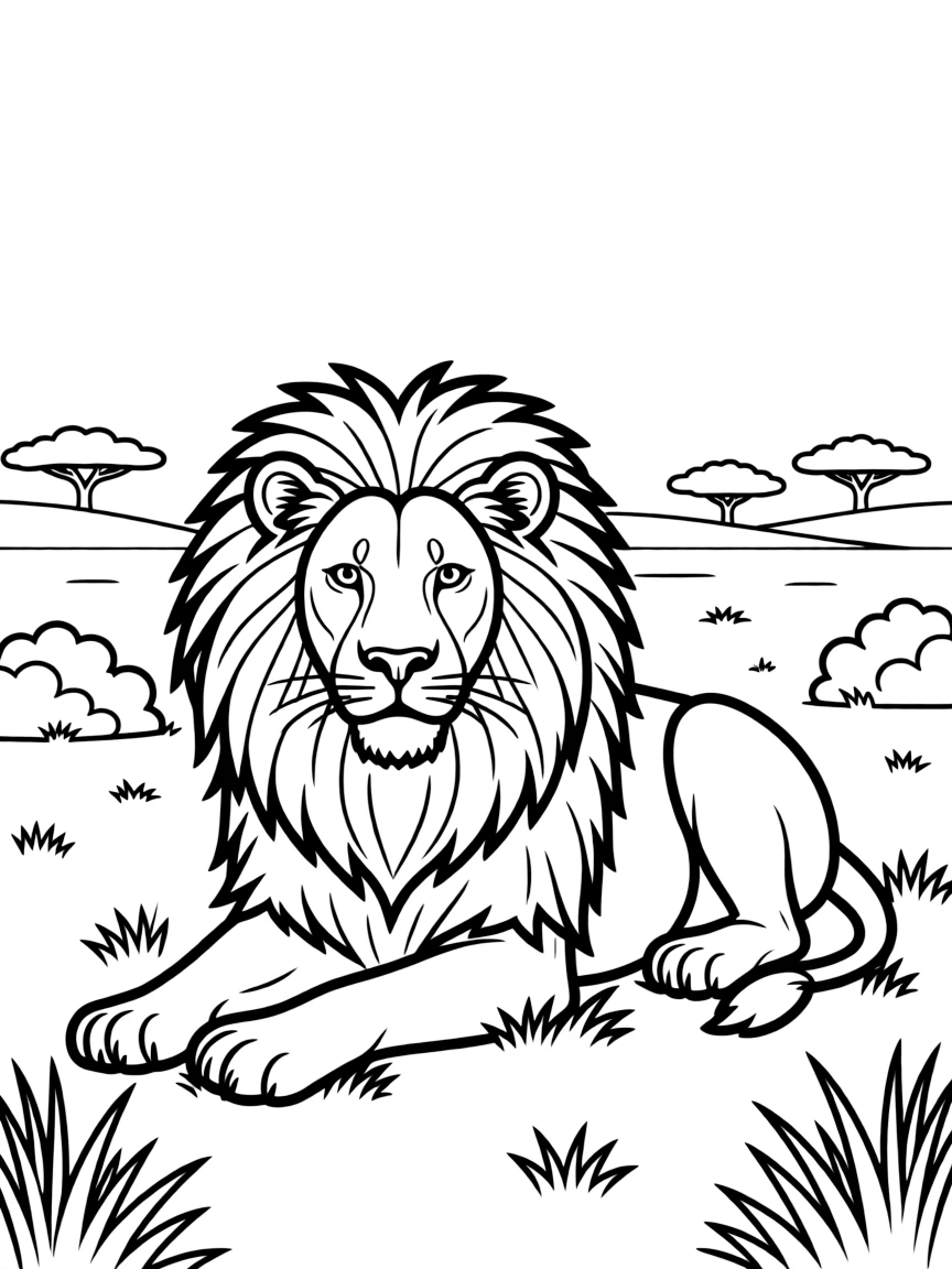 (South Africa) A mighty lion with a fluffy mane resting on the African savanna.