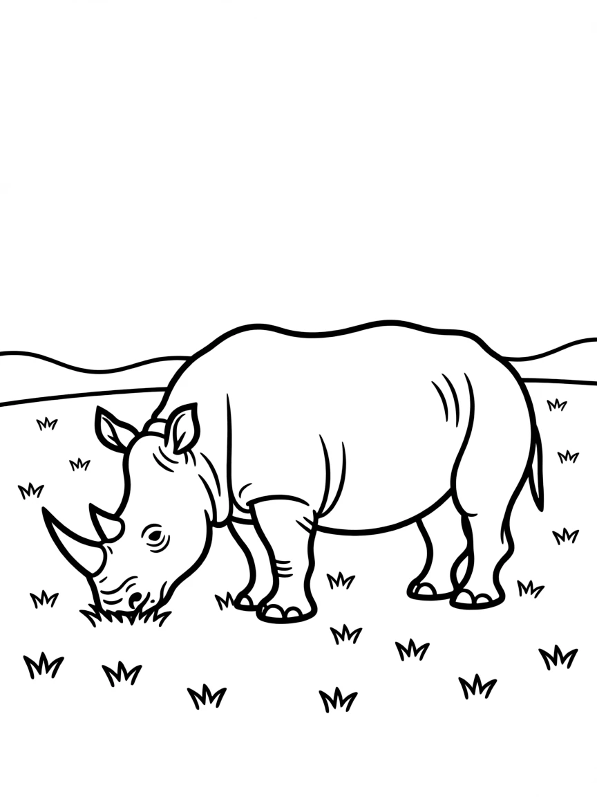 (South Africa) A big rhinoceros grazing on grass out on the open plain.