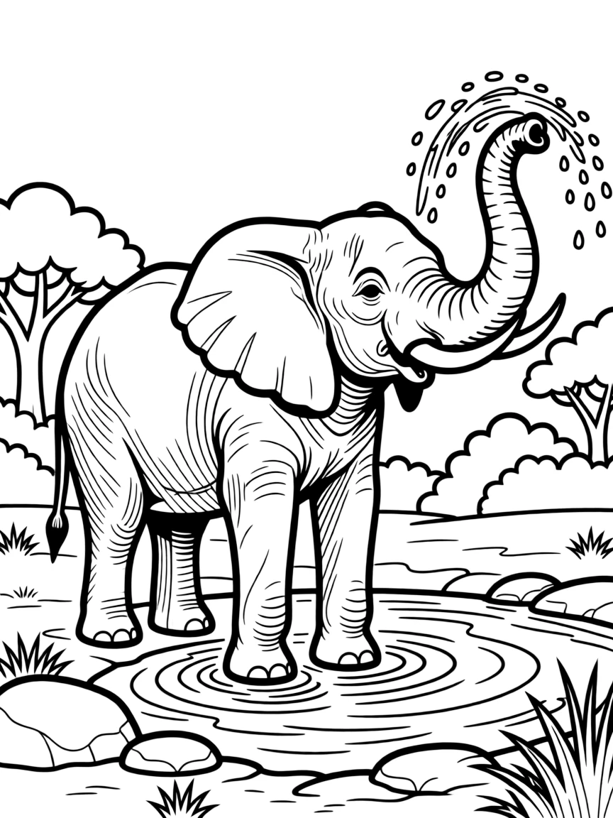 (South Africa) A huge African elephant spraying water with its trunk at a watering hole.