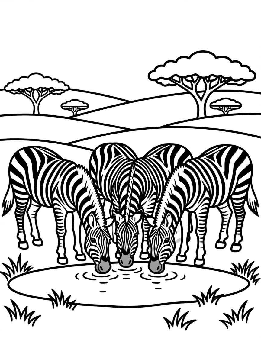 (South Africa) A herd of zebras with black-and-white stripes drinking at a waterhole.