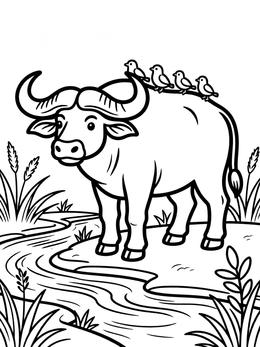 (South Africa) A strong African buffalo standing by the river with small birds on its back.