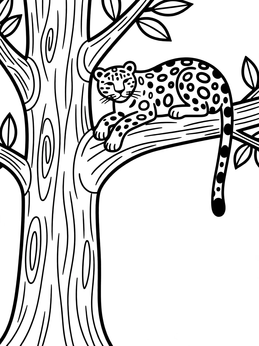 (South Africa) A spotted leopard lounging on the branch of a tall tree.