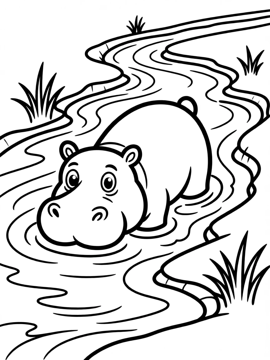 (South Africa) A fat hippopotamus relaxing in a muddy river with just its eyes above the water.