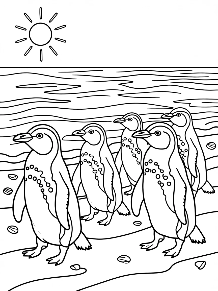 (South Africa) A group of African penguins waddling on a sandy beach by the ocean.