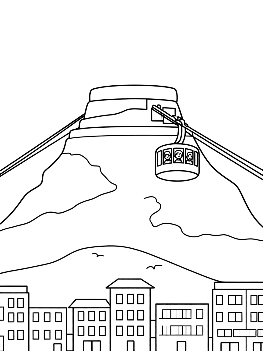 (South Africa) Table Mountain in Cape Town, flat on top, with a cable car and the city below.