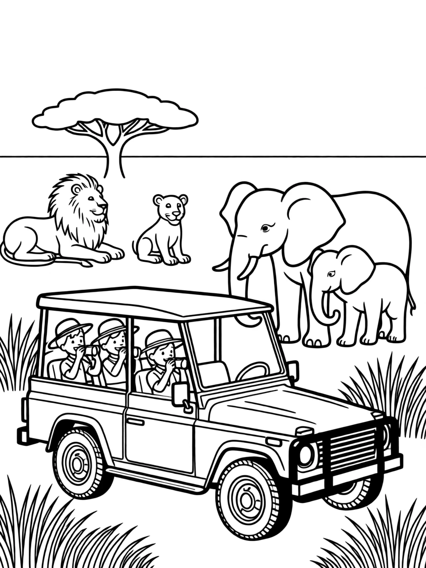 (South Africa) A safari jeep full of tourists watching elephants and lions on the savanna.