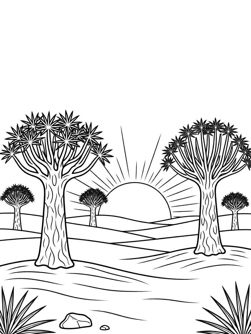 (South Africa) The red sands of the Kalahari Desert with odd-shaped quiver trees at sunset.