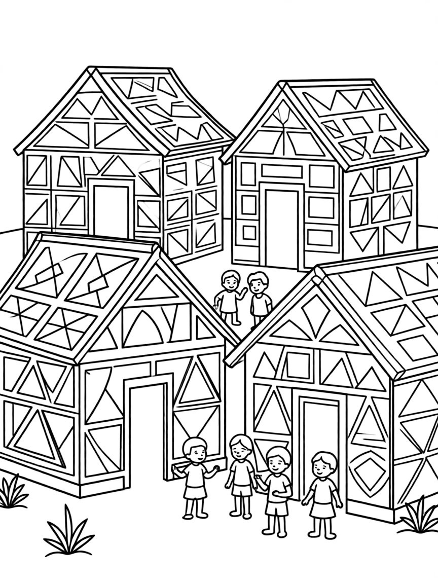 (South Africa) A village of Ndebele houses painted with bright geometric patterns.