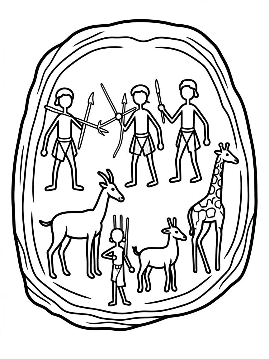 (South Africa) Ancient San rock paintings on a cave wall showing people and animals.