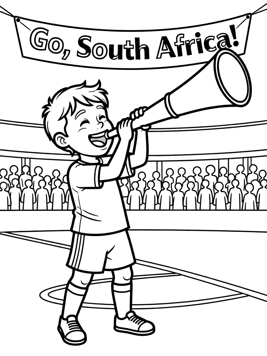 (South Africa) A child blowing a loud vuvuzela horn at a South African soccer match.