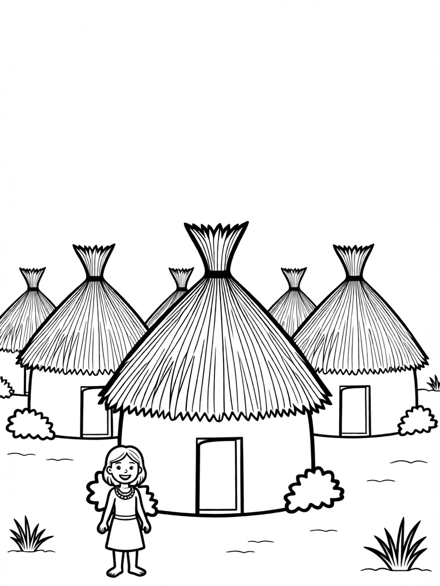 (South Africa) A traditional Zulu village with round thatched huts under a big blue sky.