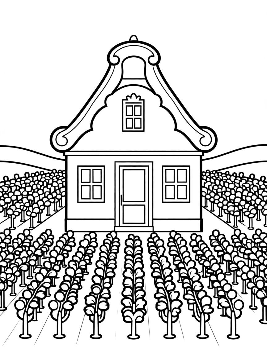 (South Africa) A white Cape Dutch farmhouse with an ornate gabled roof, set among green vineyards.
