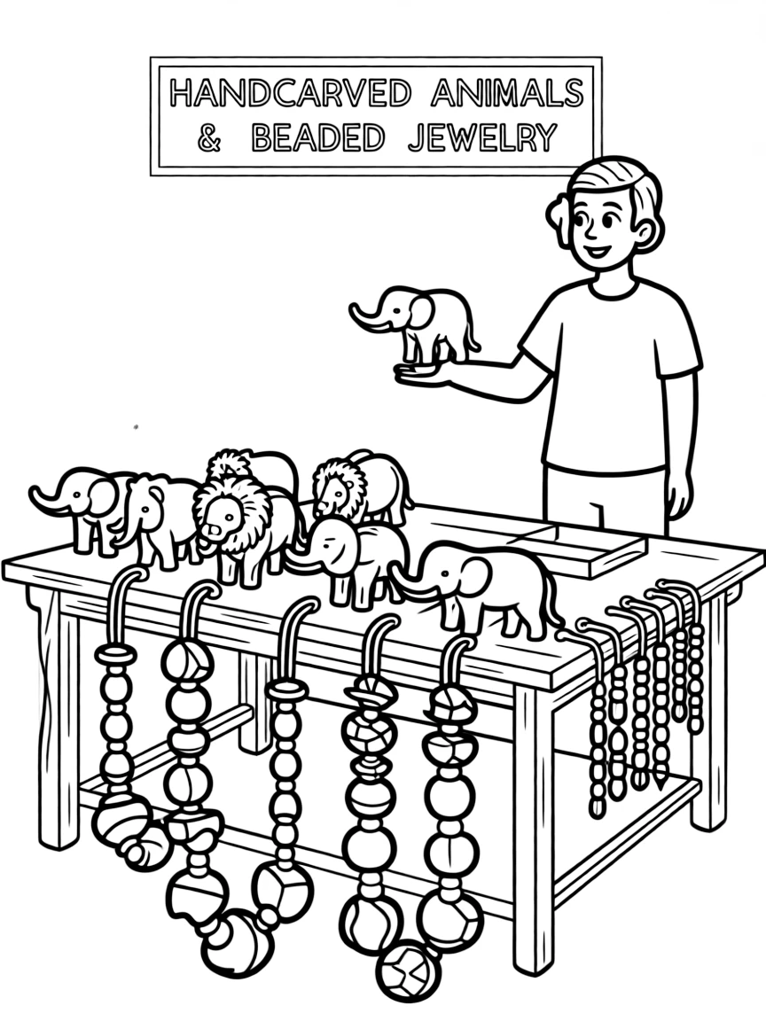 (South Africa) A market stall selling carved wooden animal figures and colorful beaded jewelry.