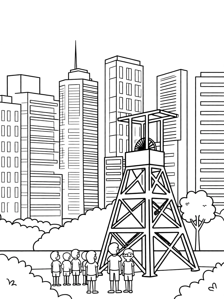 (South Africa) The Johannesburg skyline with tall buildings and an old gold mine tower from its mining days.