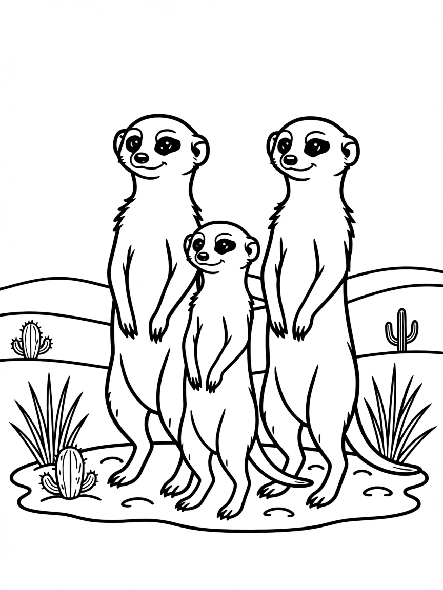 (South Africa) A family of meerkats standing upright on their hind legs and keeping watch in the desert.