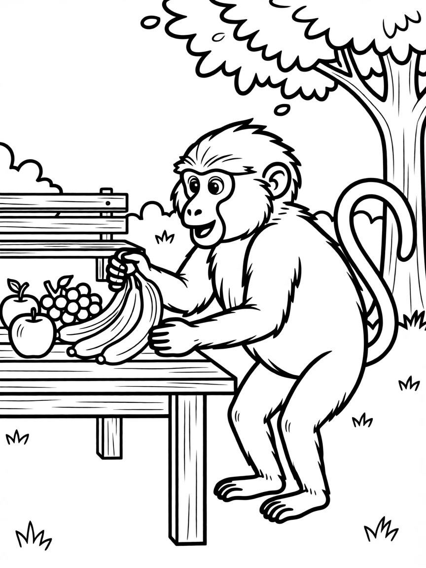 (South Africa) A cheeky baboon grabbing fruit from a picnic table at a park.