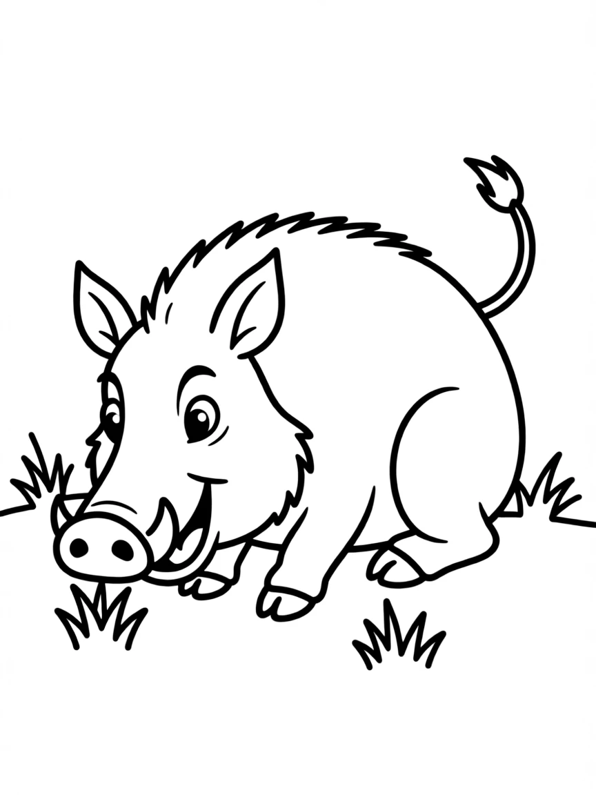 (South Africa) A funny warthog kneeling down to eat grass with its tiny tusks showing.