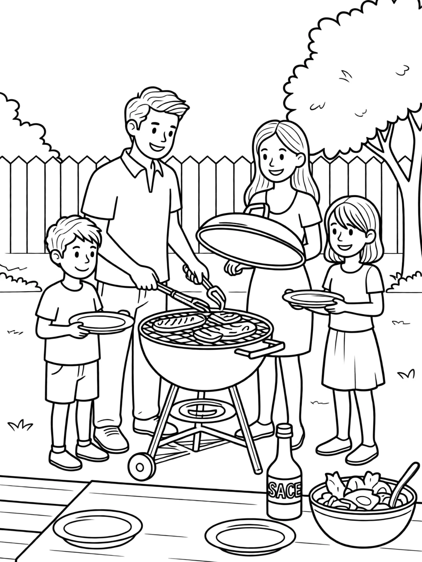 (South Africa) A family having a braai (South African barbecue) in their backyard and grilling meat.