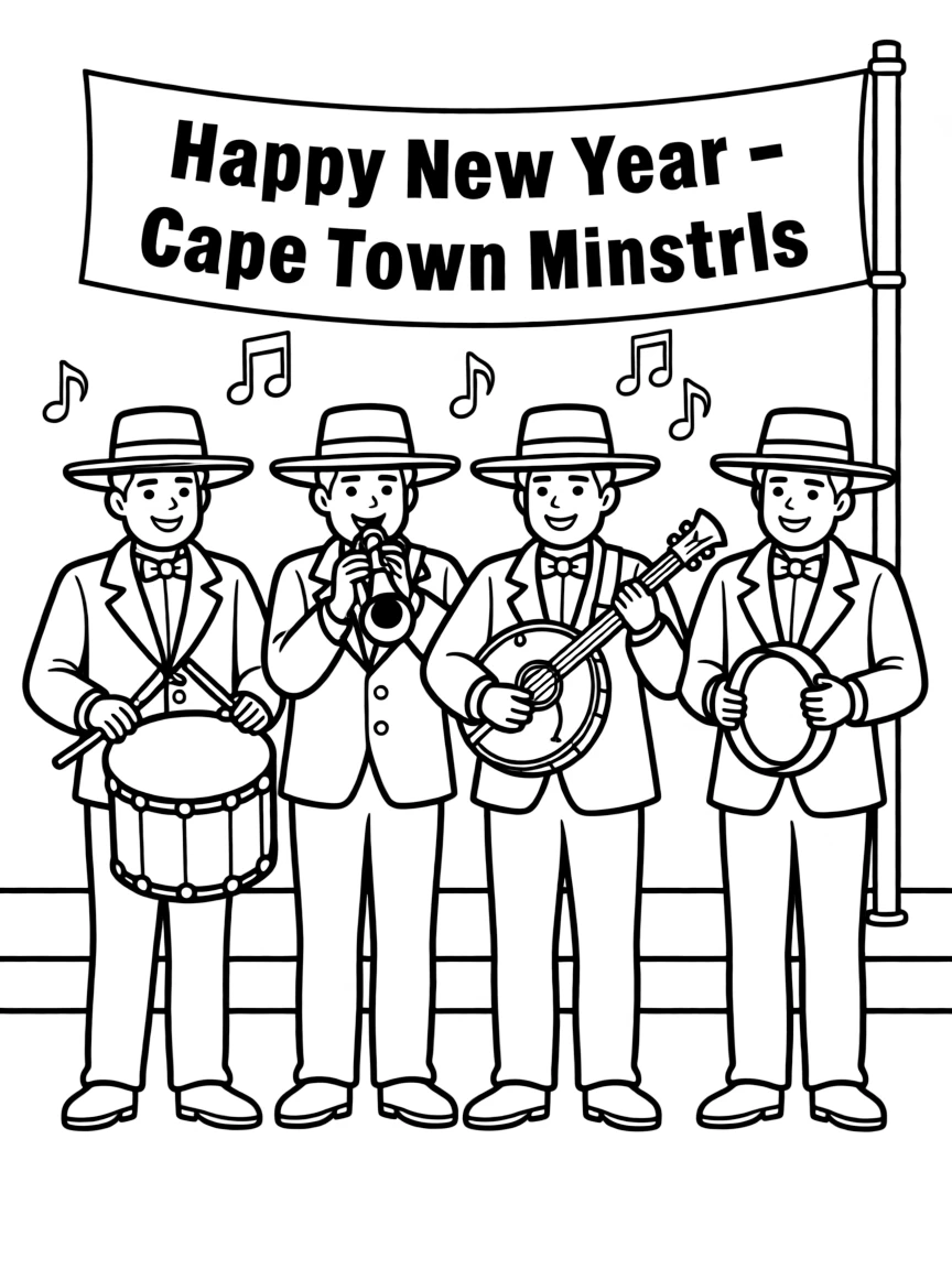 (South Africa) A group of Cape Town minstrels in bright suits and hats playing music in a New Year parade.