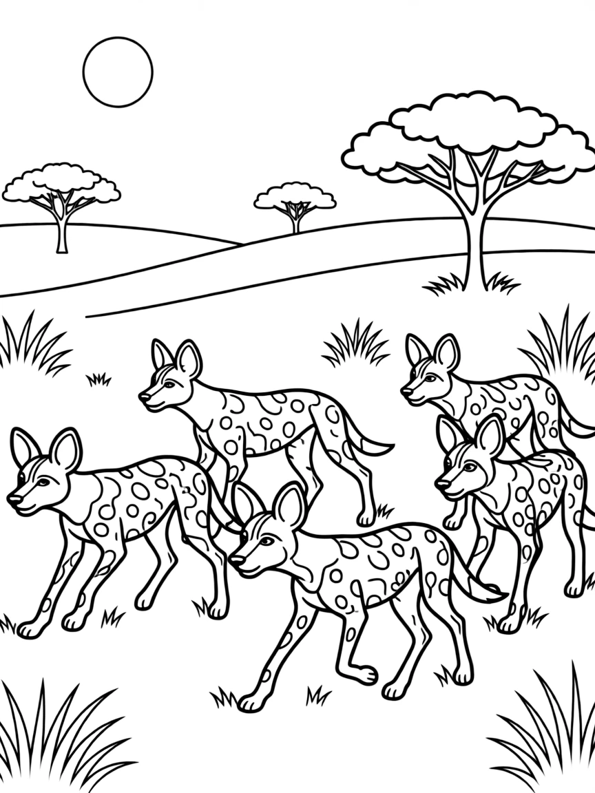 (South Africa) A pack of African wild dogs (painted dogs) running together across the savanna.