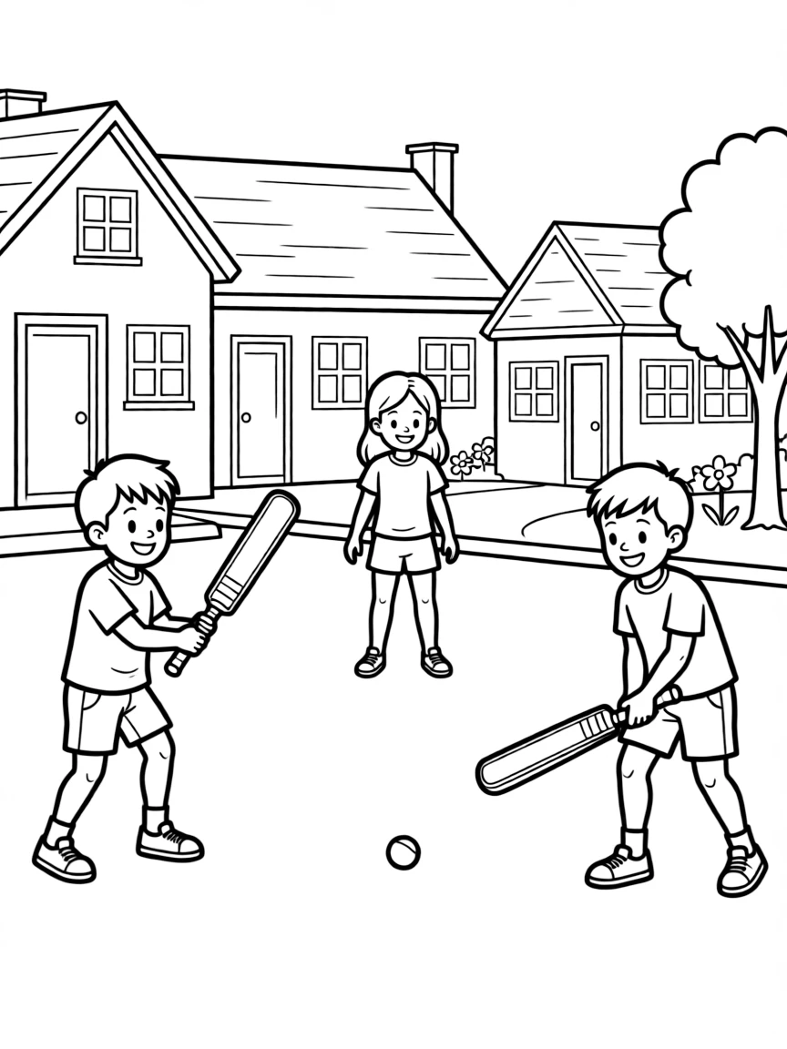(South Africa) Children playing a game of cricket with a bat and ball in their neighborhood.