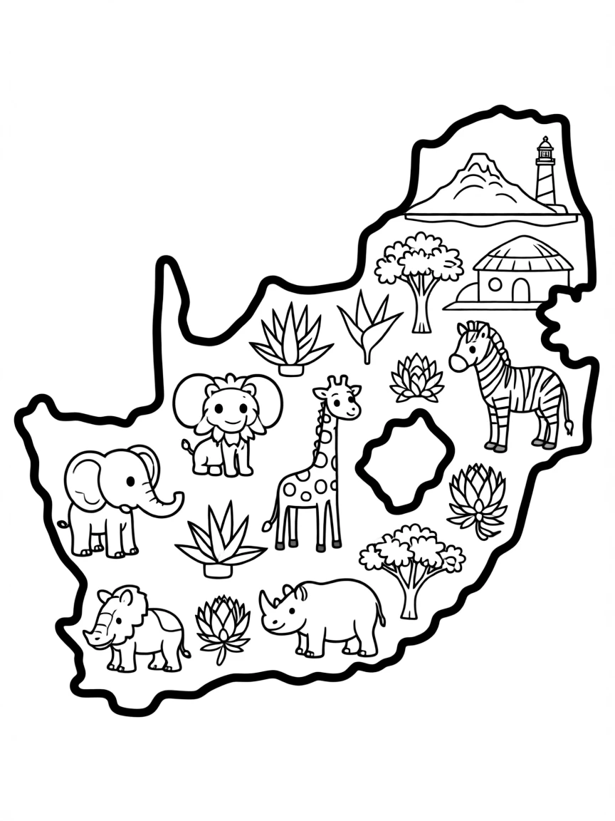 (South Africa) An outline map of South Africa filled with tiny drawings of animals, plants, and landmarks.