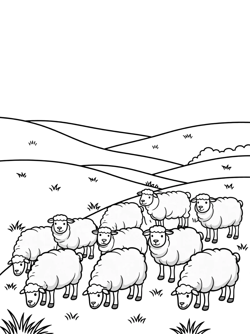 (United Kingdom) A flock of fluffy sheep grazing on green hills