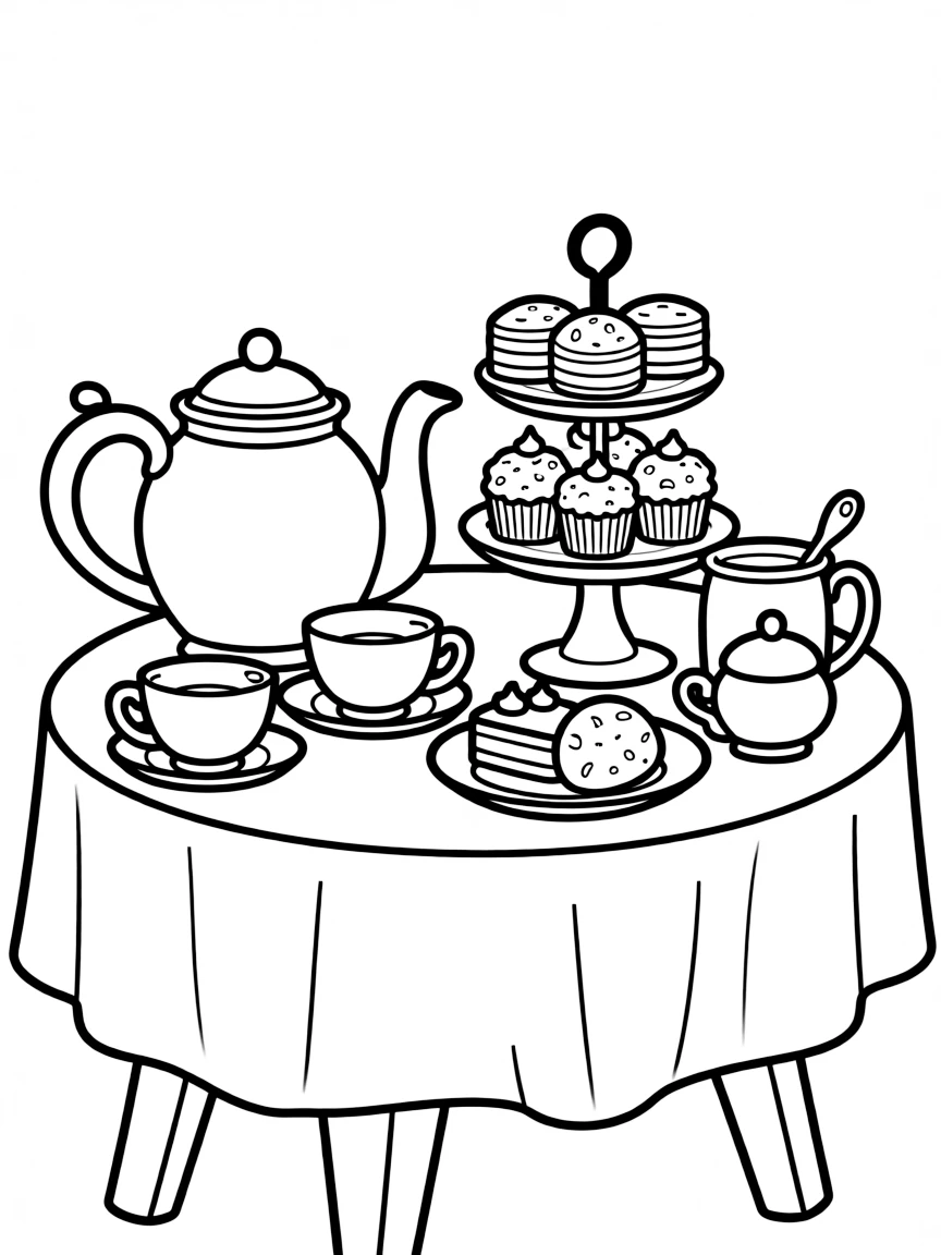 (United Kingdom) An English afternoon tea set with teapot, teacups, and treats