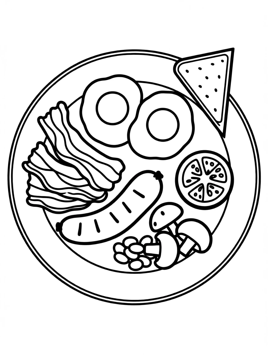 (United Kingdom) A traditional English breakfast plate (eggs, bacon, sausage, etc.)