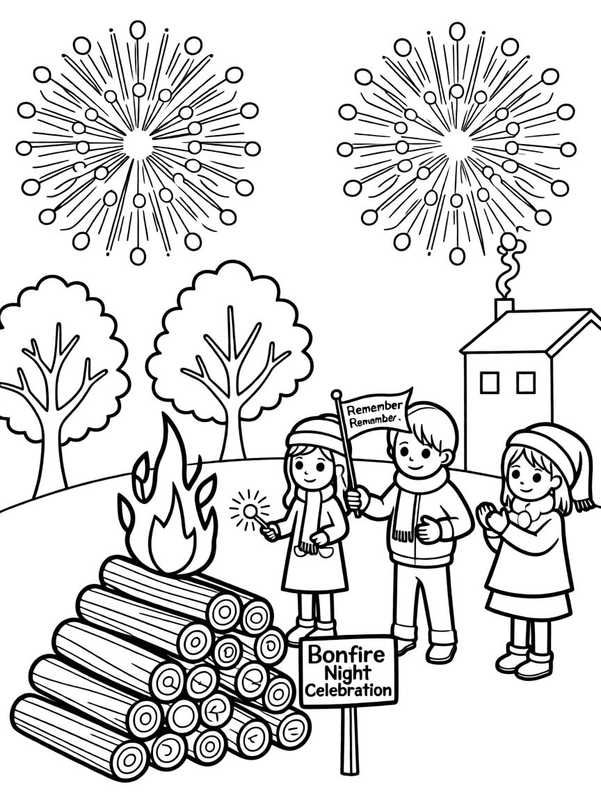 (United Kingdom) A Bonfire Night scene with fireworks in the sky (Guy Fawkes Night)