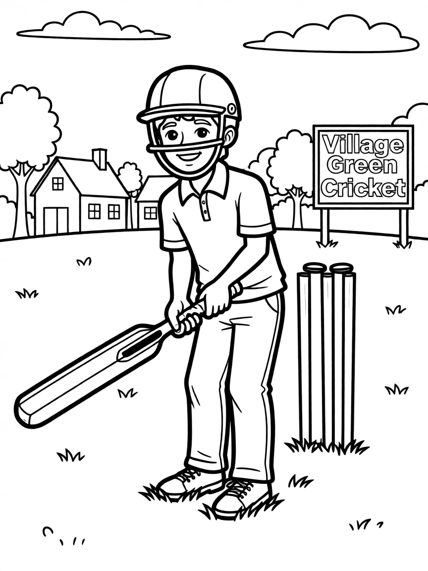 (United Kingdom) A cricket player batting on a village green (cricket game)