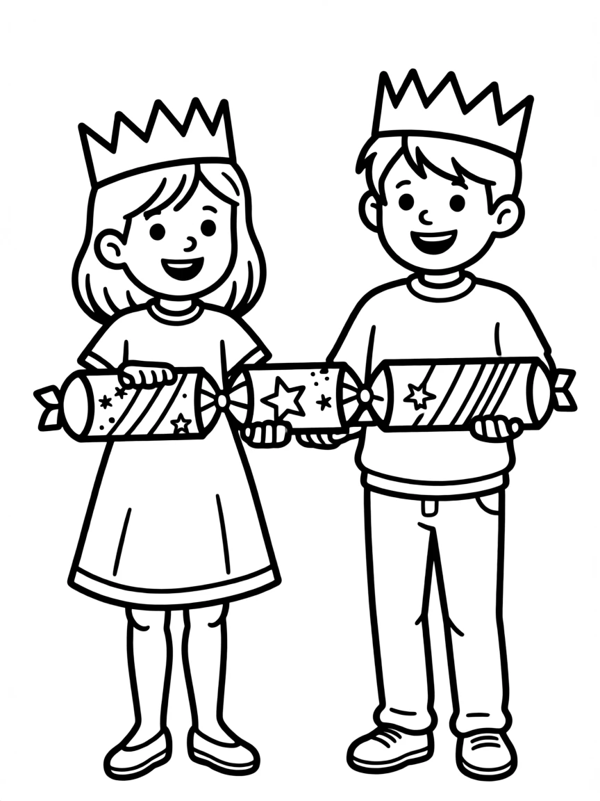 (United Kingdom) Children pulling crackers and wearing paper crowns at Christmas
